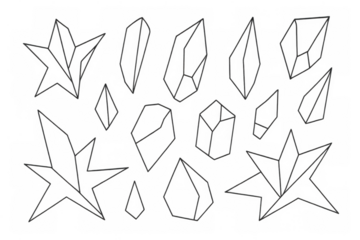 Abstract geometric crystal and star outlines creating a seamless pattern on a transparent background