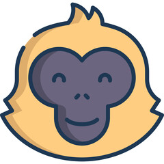 Close up of a cartoon monkey face with yellow fur and purple muzzle on a transparent background with subtle smile and closed eyes symbolizing happiness and contentment
