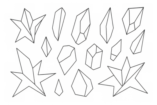 Abstract geometric crystal and star outlines creating a seamless pattern on a transparent background