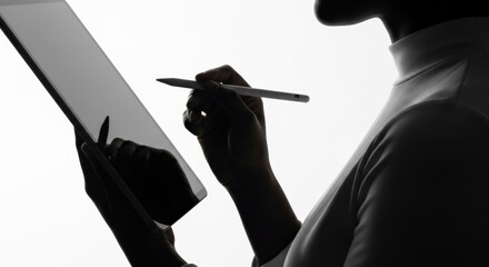 Digital Collaboration: A silhouette captures a moment of digital interaction as a person uses a stylus on a tablet. The scene speaks of modern workflow