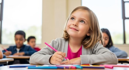 Classroom Contemplation: A young girl, engrossed in her thoughts during a lesson, dreams of possibilities while seated at her desk, other students are visible in background.