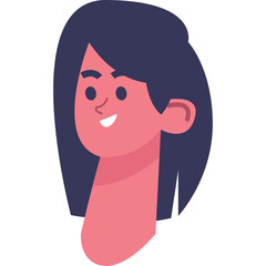 Close Up of a Smiling Young Woman with Dark Hair and Pink Skin Tone and Dark Eyes Wearing a Pink Shirt in a Simple Flat Design Style on a Transparent Background