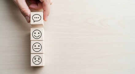 Feedback Cube Arrangement: A hand meticulously arranges wooden cubes depicting a range of emotions, from chat to a spectrum of feelings, signifying communication.