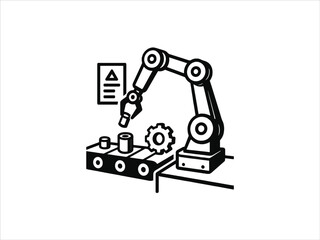 Industrial robotic arm assembling parts on conveyor belt, vector