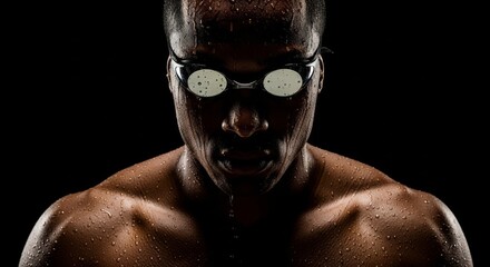 Focused Swimmer: A determined swimmer stares intently, emerging from the depths with focused resolve, their eyes piercing through the darkness, embodying strength, determination.