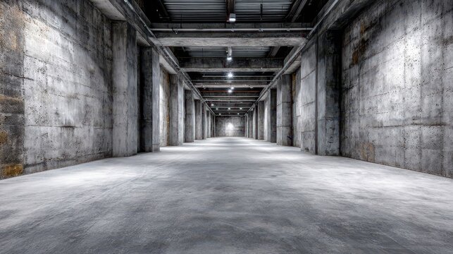 Minimalist concrete corridor in an industrial interior with ambient lighting - Powered by Adobe