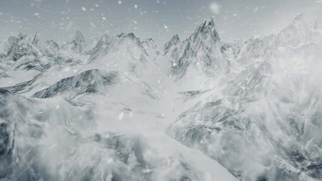 連なる雪山を進んでいくループアニメーション　吹雪