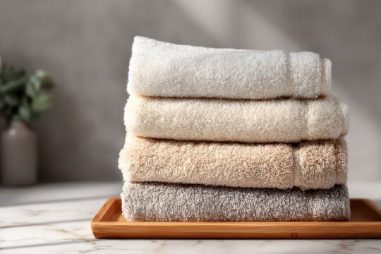 Minimalist display of white and cream bath towels on marble counter