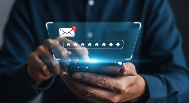 Digital Security Check: An individual's hands interact with a holographic interface on a phone screen, symbolizing secure digital communication. The screen shows a password field.