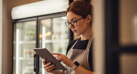 Cafe Owner with Tablet: A dedicated cafe owner meticulously manages her business operations, engrossed in her tablet while standing confidently in her cafe.