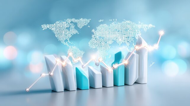 Bar chart presenting financial success and increasing revenue. Digital world connectivity in background map global