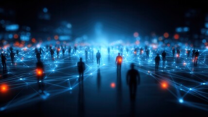 Silhouettes of business people navigating a glowing blue digital network a city street, visualizing interconnectivity global