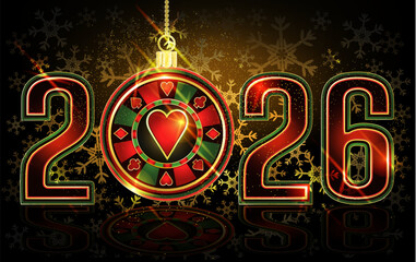Christmas casino banner, New 2026 year. poker chip, vector illustration