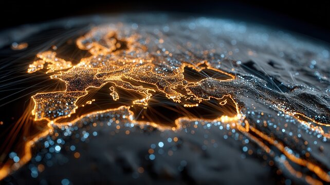 Global map showing digital dots representing cities and data flow connecting continents network in interconnected vast,