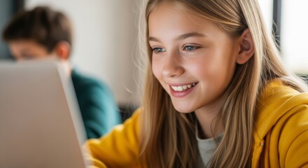 Digital Delight: A girl is engrossed in the world of technology, beams with focused attention. Capturing a moment of learning, inspiration, and exploration.