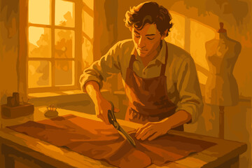 Fototapeta premium Young caucasian male tailor in an apron cuts fabric on a workbench in a warmly lit workshop, showcasing focused craftsmanship and traditional sewing techniques.