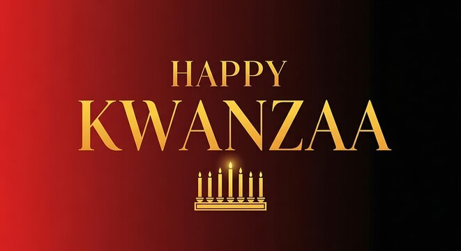 The greeting "Happy Kwanzaa" is prominently featured alongside traditional Kwanzaa ornaments and symbolic decorative elements of the African-American holiday
