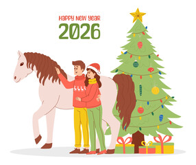 Happy New Year 2026 couple hugging next to a horse and decorated Christmas tree with presents