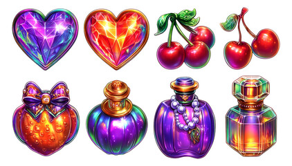 Colorful Collection of Heart and Cherry Illustrations with Decorative Bottles