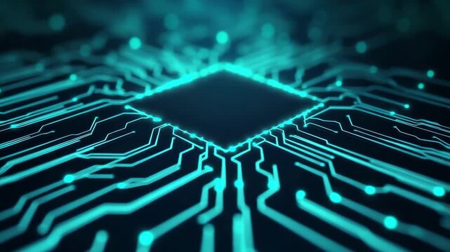 Glowing blue circuit board with microchip, electronic template for technology background or overlay effect