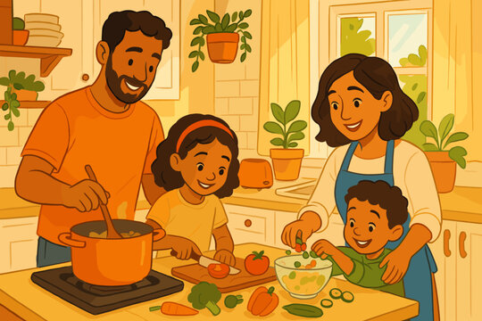 Smiling hispanic family of four preparing a meal together in a bright kitchen, with parents guiding their young children in cooking activities.