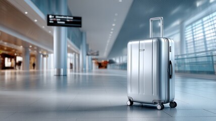 Silver suitcase moving through a spacious airport terminal, representing travel vacation departure and journey