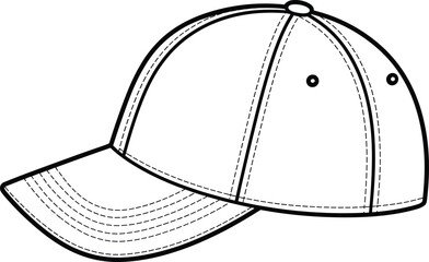 Black and white line drawing of baseball cap with stitching details, curved brim, fashion accessory illustration