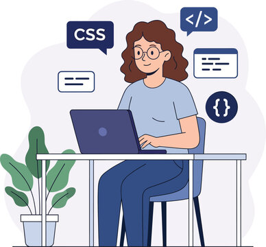 Female Web Developer Coding on Laptop, Front-End Programming, CSS, HTML, and JavaScript Concept Illustration