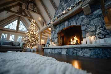 Cozy holiday living room with a stone fireplace, glowing candles, and a decorated Christmas tree, creating a warm, festive, and inviting winter atmosphere.
