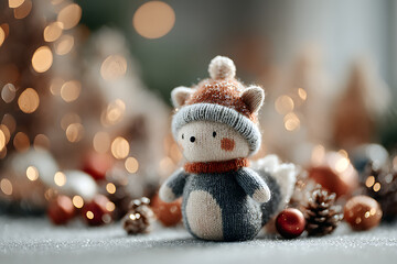 Adorable knitted winter toy figure in festive surroundings with warm lights, pinecones, and ornaments, capturing the cozy spirit of the holiday season.
