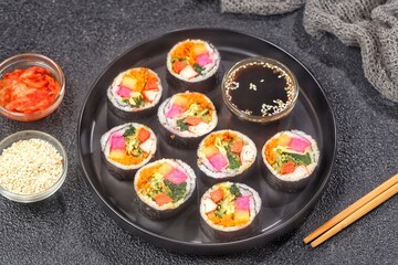 Kimbap or gimbap is a typical Korean rice roll