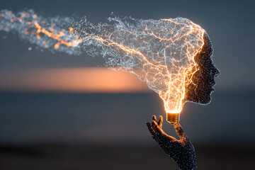 Futuristic digital artwork of a glowing human head emerging from a light bulb held in a hand, symbolizing creativity, innovation, and the power of ideas.
