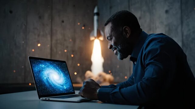 man leans toward laptop with galaxy on screen. rocket model sits on desk under soft light. beard brushes chin as hand types on keyboard. technology concept and science research fill room. innovation.