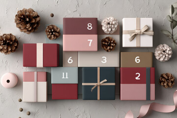 Colorful flat lay of numbered advent calendar gift boxes on a textured gray background with natural winter decorations and copy space, Christmas advent concept