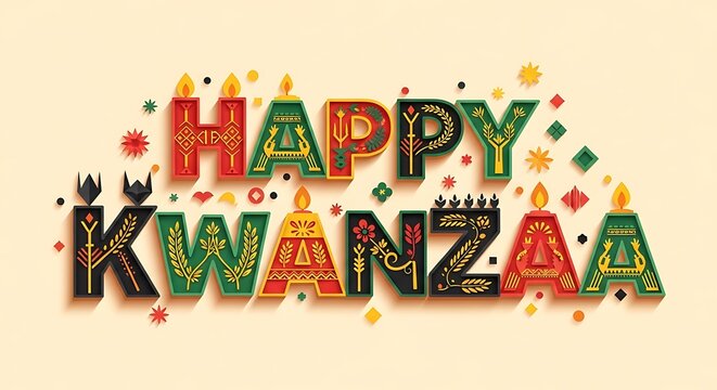The greeting "Happy Kwanzaa" is prominently featured alongside traditional Kwanzaa ornaments and symbolic decorative elements of the African-American holiday