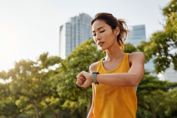 Young Asian woman in athletic clothing checks her smartwatch while exercising outdoors, surrounded by greenery and modern buildings, showcasing an active lifestyle