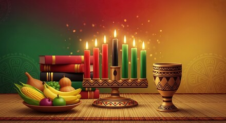 A comprehensive set of decorative icons and ornaments representing the traditional items  for a "Happy Kwanzaa" celebration design concept, copy space