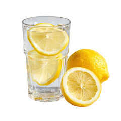 Glass of water with lemon slices and whole lemons
