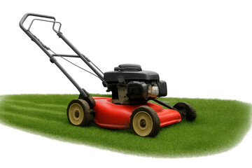 Fototapeta premium Self-propelled push lawn mower cutting green grass, providing essential lawn care and garden maintenance with transparent background