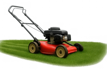 Self-propelled push lawn mower cutting green grass, providing essential lawn care and garden maintenance with transparent background