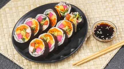 Kimbap or gimbap is a typical Korean rice roll