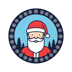 A charming cartoon illustration of Santa Claus in a circular frame decorated with snowflakes and pine trees.