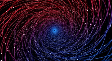 Abstract swirl of glowing red and blue particles in motion