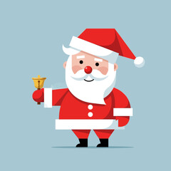A cheerful cartoon Santa Claus in a red suit holding a golden jingle bell.
