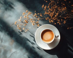 aesthetic coffee flatlay with cinematic light and shadow diagonals crossing textured background, cinematic mood & lighting -