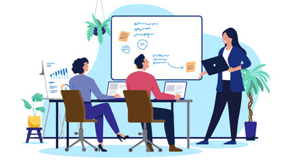 Business team brainstorming and presenting strategy in a modern office, two colleagues watching a female presenter write notes on a whiteboard, flat design vector illustration on white background