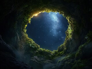 Bright night sky framed by lush green foliage in a deep cave revealing stars and cosmic beauty