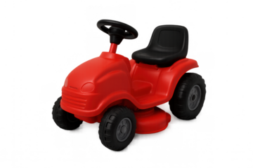 Red plastic toy ride-on lawn mower tractor, symbolizing childhood fun, outdoor play, and imagination on transparent background