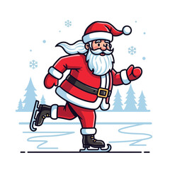 Santa Claus ice skating on a frozen pond in a snowy winter landscape with pine trees and falling snowflakes.