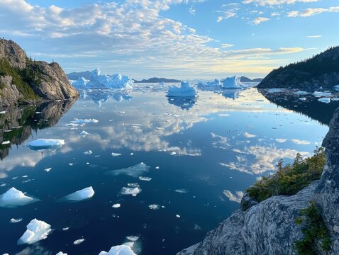 Stunning reflection of icebergs in calm water under a clear sky at sunset in a remote Arctic location
